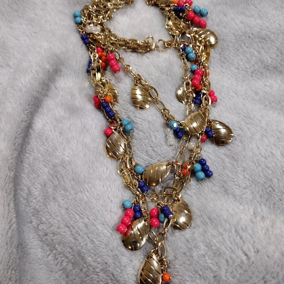 Colorful Gold Chain Charming Necklace Beads Triple Strand Women's Fashion - Picture 5 of 13